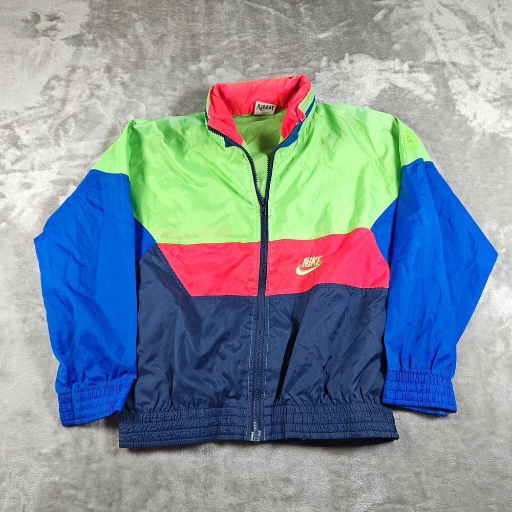 Vintage Nike Windbreaker Youth Medium Blue Green Pink Full Zip Colorblock Neon
